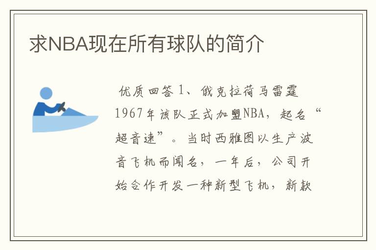 求NBA现在所有球队的简介