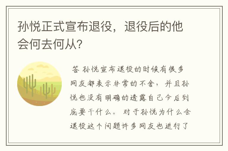 孙悦正式宣布退役，退役后的他会何去何从？