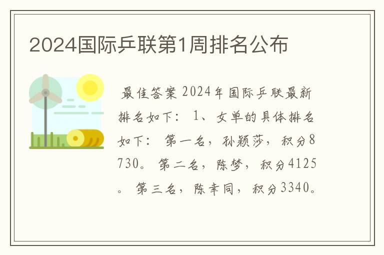 2024国际乒联第1周排名公布