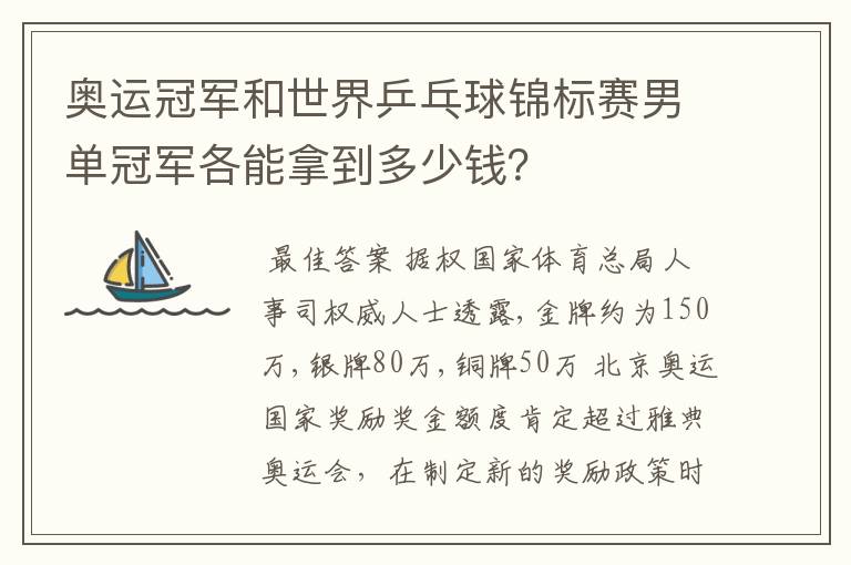 奥运冠军和世界乒乓球锦标赛男单冠军各能拿到多少钱？