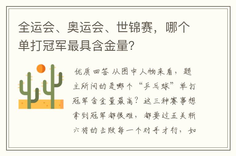 全运会、奥运会、世锦赛，哪个单打冠军最具含金量？