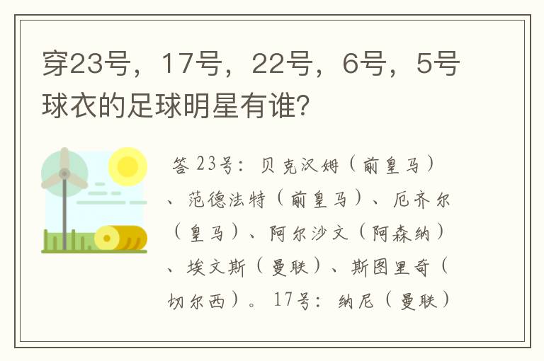 穿23号，17号，22号，6号，5号球衣的足球明星有谁？