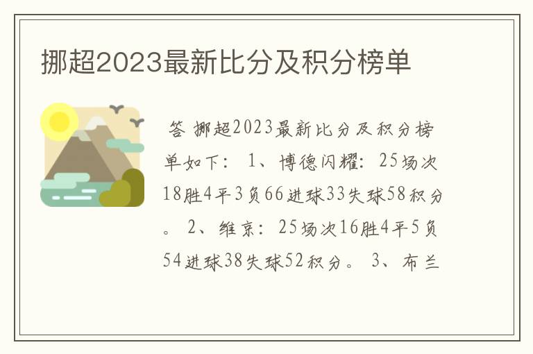 挪超2023最新比分及积分榜单