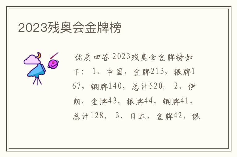 2023残奥会金牌榜