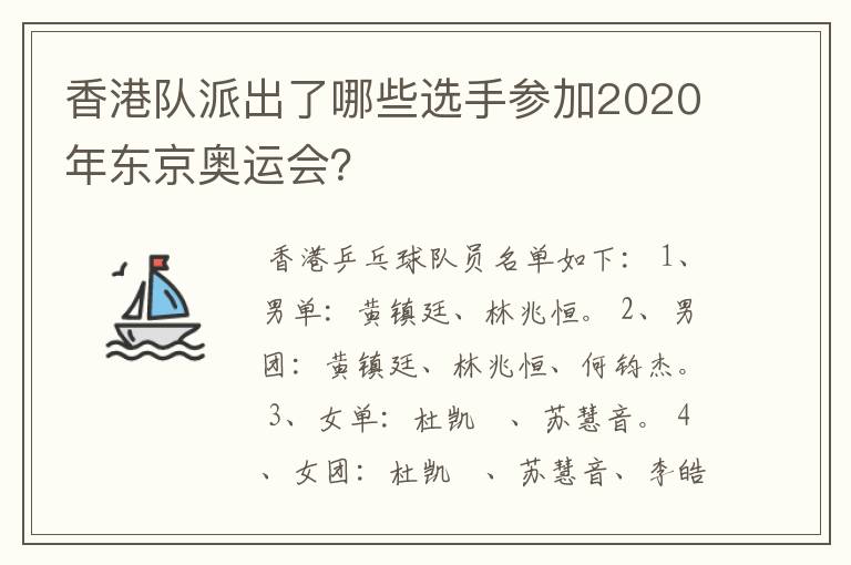 香港队派出了哪些选手参加2020年东京奥运会？