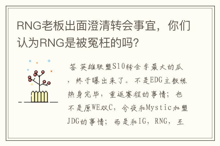 RNG老板出面澄清转会事宜，你们认为RNG是被冤枉的吗？