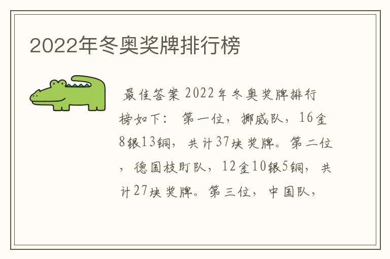 2022年冬奥奖牌排行榜