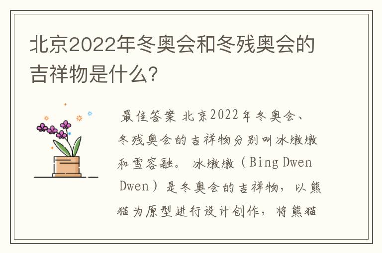 北京2022年冬奥会和冬残奥会的吉祥物是什么？