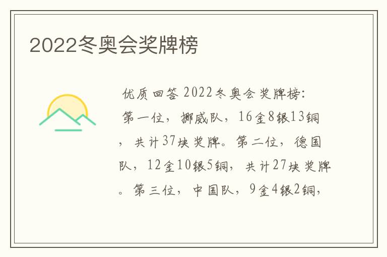 2022冬奥会奖牌榜