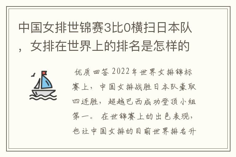 中国女排世锦赛3比0横扫日本队，女排在世界上的排名是怎样的？