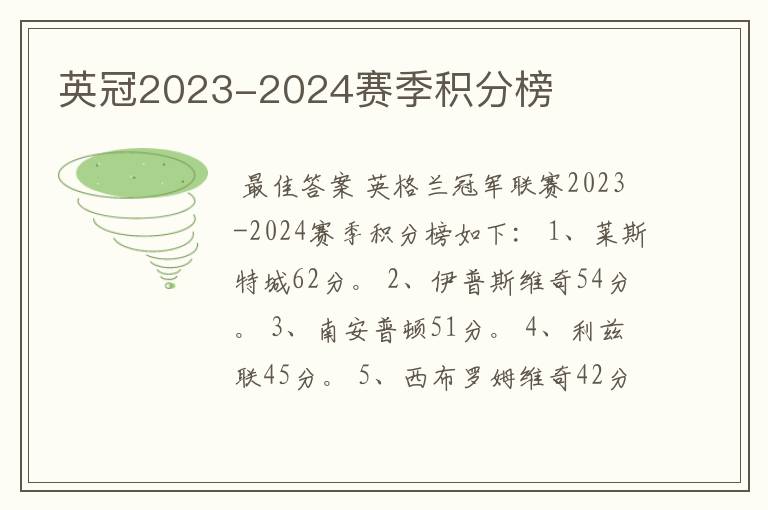 英冠2023-2024赛季积分榜