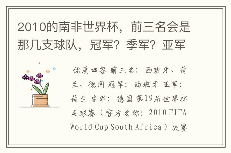 2010的南非世界杯，前三名会是那几支球队，冠军？季军？亚军？