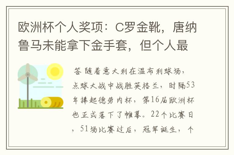 欧洲杯个人奖项：C罗金靴，唐纳鲁马未能拿下金手套，但个人最佳