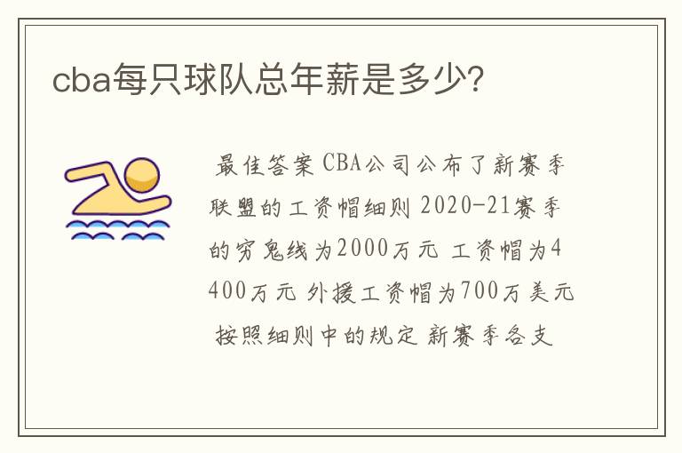 cba每只球队总年薪是多少？