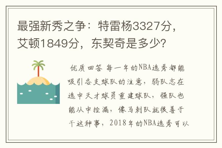 最强新秀之争：特雷杨3327分，艾顿1849分，东契奇是多少？