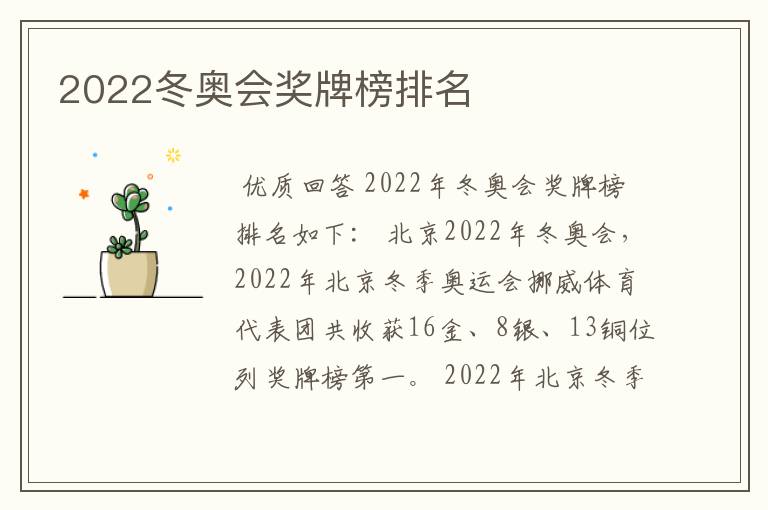 2022冬奥会奖牌榜排名