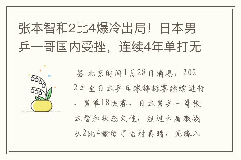 张本智和2比4爆冷出局！日本男乒一哥国内受挫，连续4年单打无冠