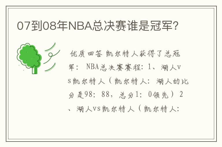 07到08年NBA总决赛谁是冠军？