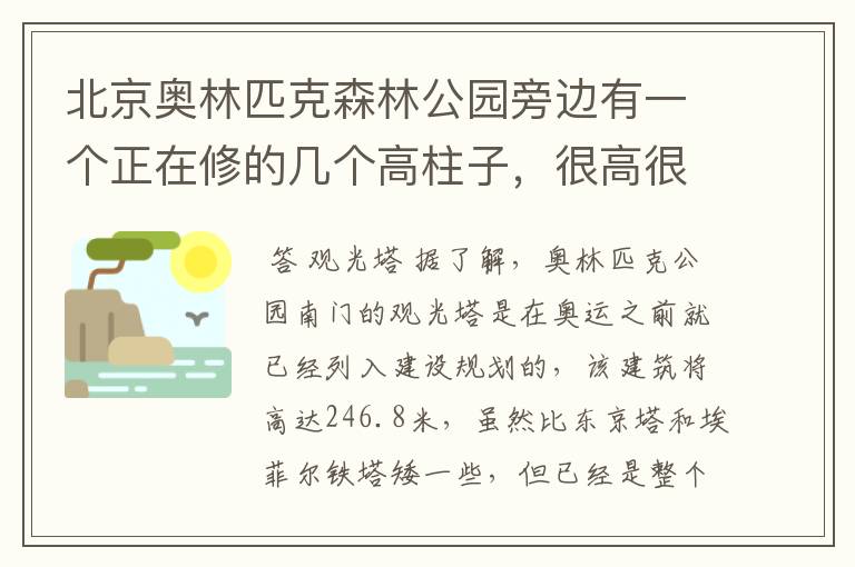 北京奥林匹克森林公园旁边有一个正在修的几个高柱子，很高很高，貌似像一个五星级酒店的是什么建筑？