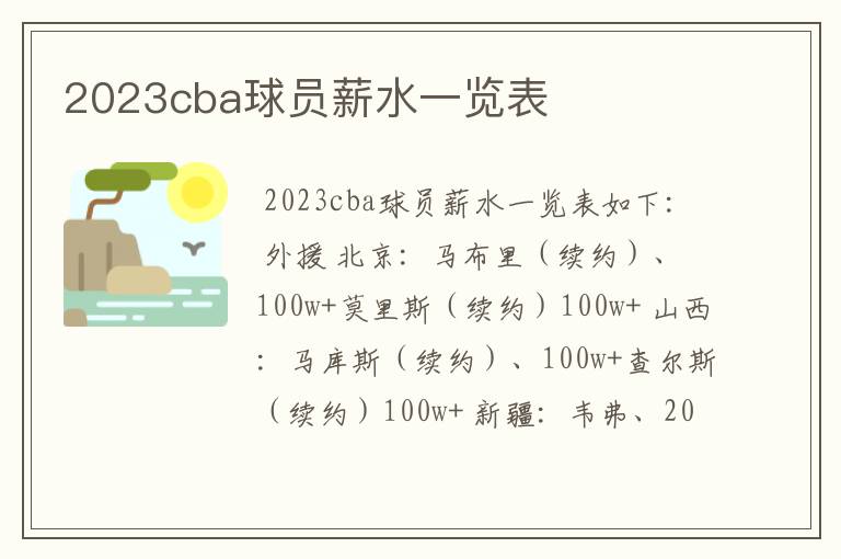 2023cba球员薪水一览表