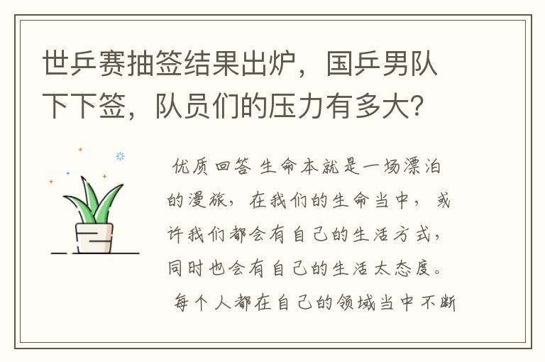 世乒赛抽签结果出炉，国乒男队下下签，队员们的压力有多大？