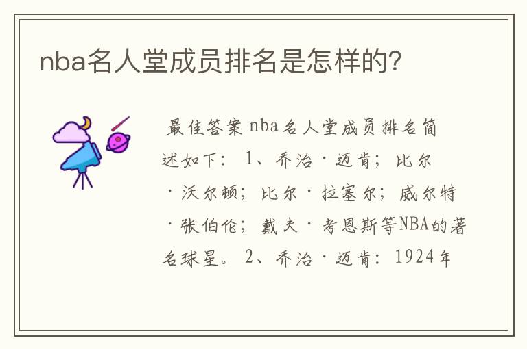 nba名人堂成员排名是怎样的？