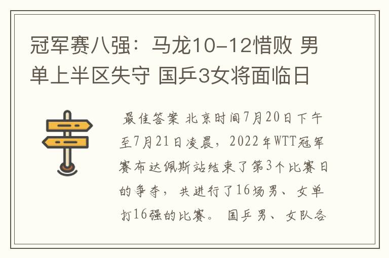 冠军赛八强：马龙10-12惜败 男单上半区失守 国乒3女将面临日乒挑战