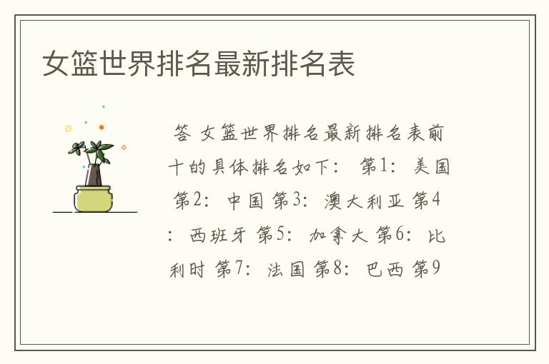 女篮世界排名最新排名表