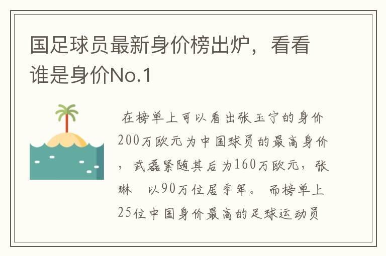 国足球员最新身价榜出炉，看看谁是身价No.1