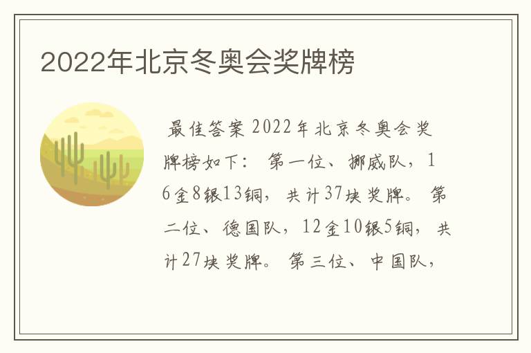 2022年北京冬奥会奖牌榜