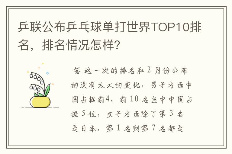 乒联公布乒乓球单打世界TOP10排名，排名情况怎样？