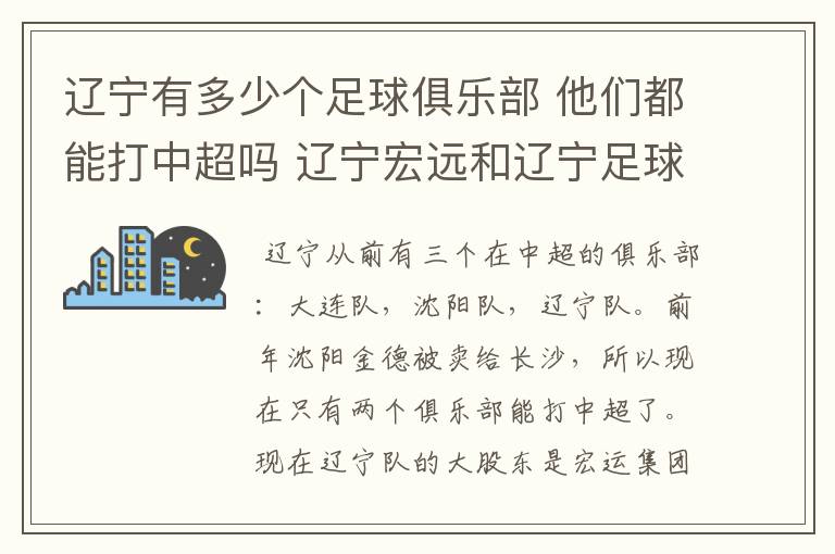 辽宁有多少个足球俱乐部 他们都能打中超吗 辽宁宏远和辽宁足球俱乐部是什么啊