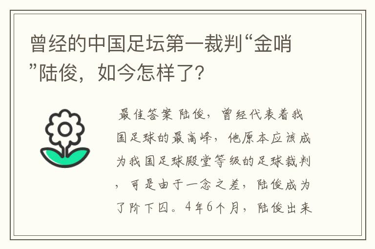 曾经的中国足坛第一裁判“金哨”陆俊，如今怎样了？