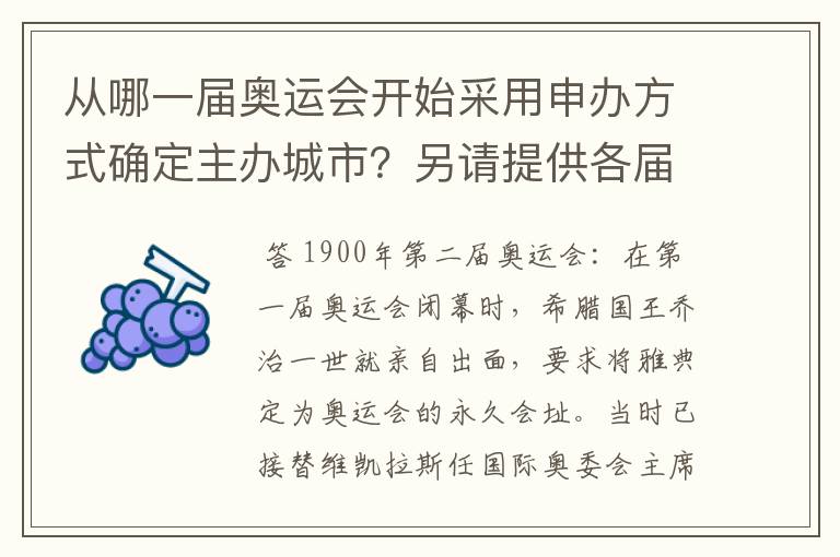 从哪一届奥运会开始采用申办方式确定主办城市？另请提供各届申办城市的名单