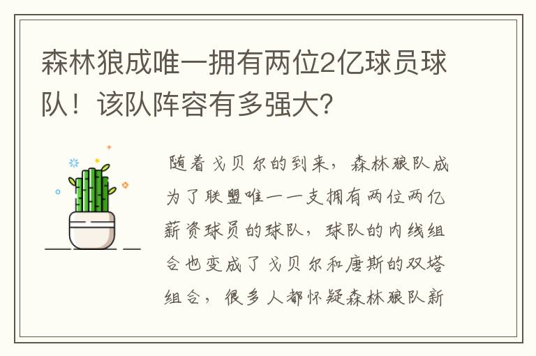 森林狼成唯一拥有两位2亿球员球队！该队阵容有多强大？