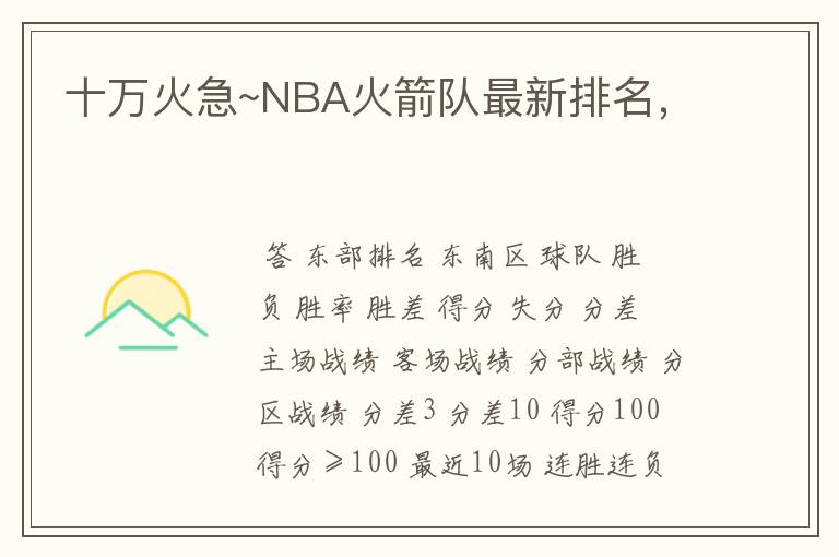 十万火急~NBA火箭队最新排名，