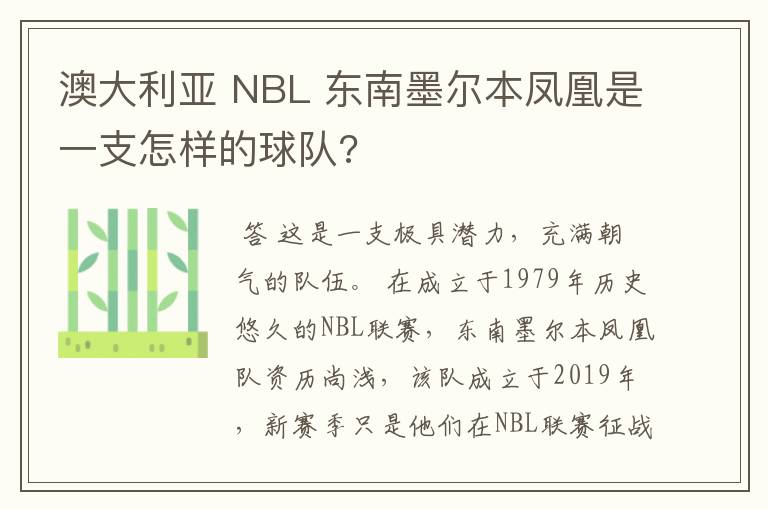 澳大利亚 NBL 东南墨尔本凤凰是一支怎样的球队?