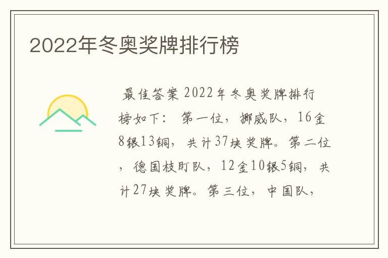 2022年冬奥奖牌排行榜