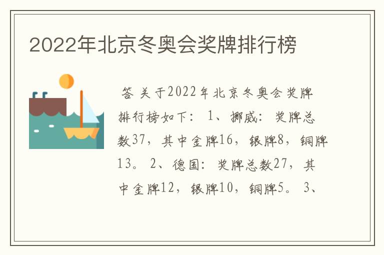 2022年北京冬奥会奖牌排行榜