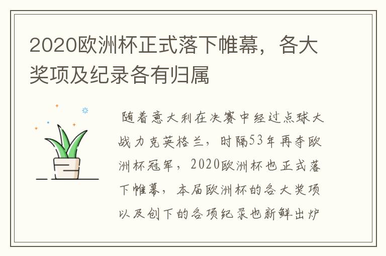 2020欧洲杯正式落下帷幕，各大奖项及纪录各有归属