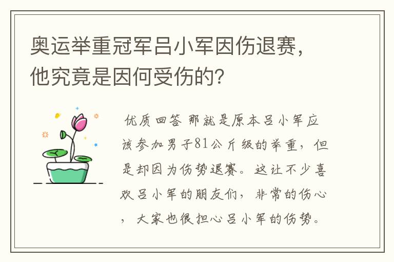 奥运举重冠军吕小军因伤退赛，他究竟是因何受伤的？