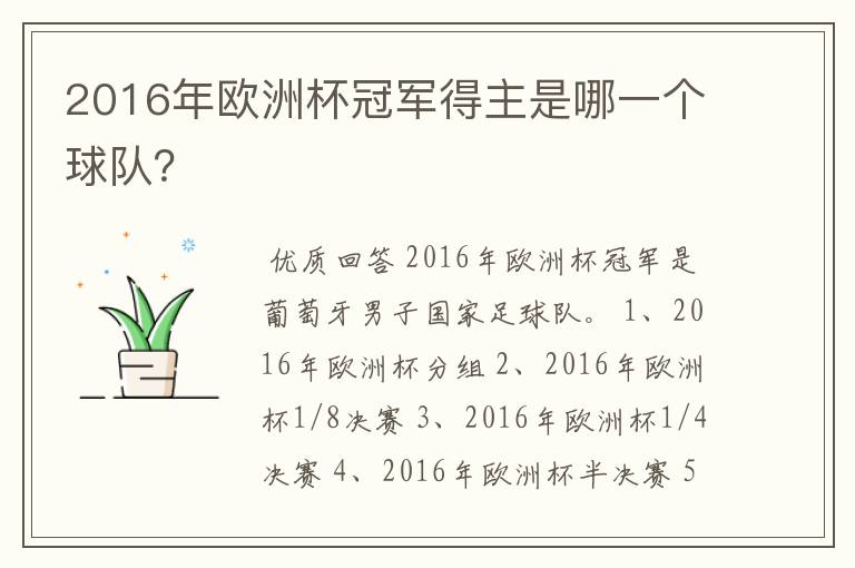 2016年欧洲杯冠军得主是哪一个球队？