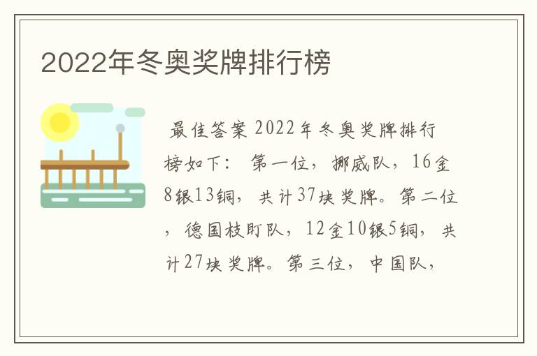 2022年冬奥奖牌排行榜