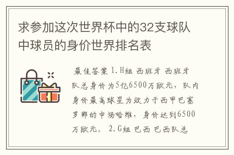 求参加这次世界杯中的32支球队中球员的身价世界排名表