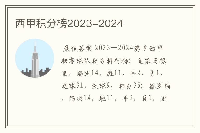 西甲积分榜2023-2024