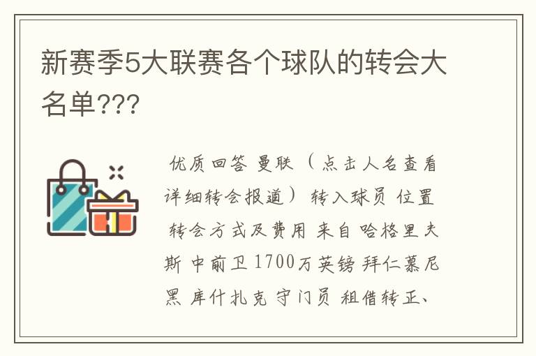 新赛季5大联赛各个球队的转会大名单???