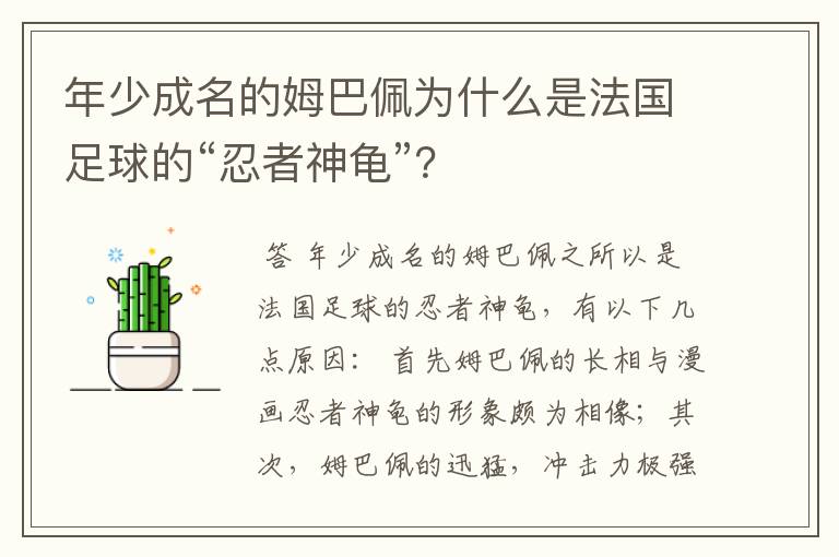 年少成名的姆巴佩为什么是法国足球的“忍者神龟”？