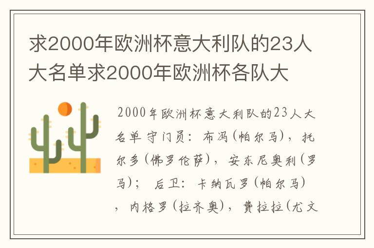 求2000年欧洲杯意大利队的23人大名单求2000年欧洲杯各队大