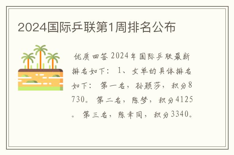 2024国际乒联第1周排名公布