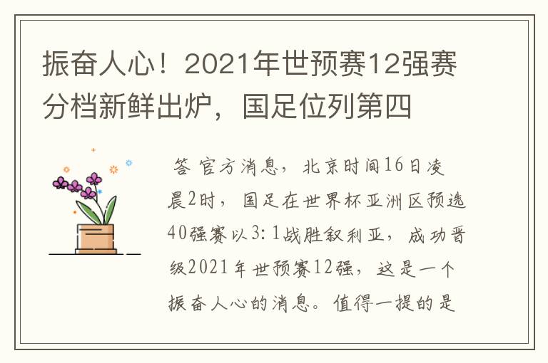 振奋人心！2021年世预赛12强赛分档新鲜出炉，国足位列第四